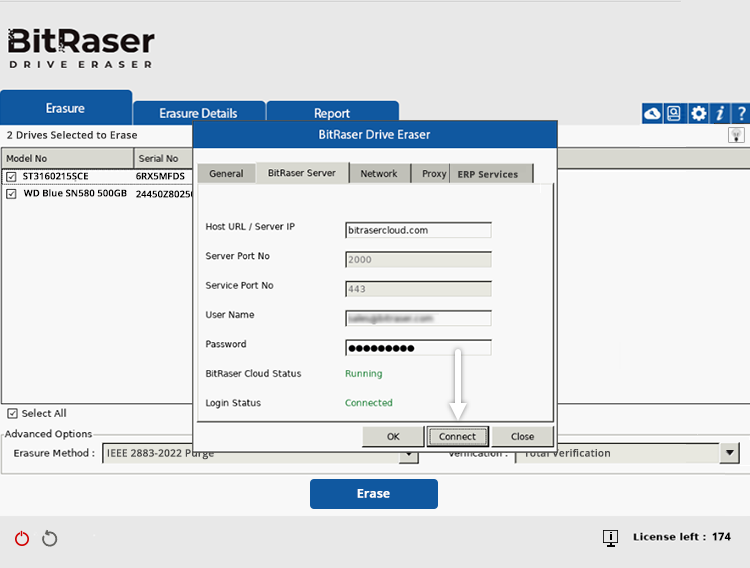 Drive Eraser mit BitRaser Cloud verbunden